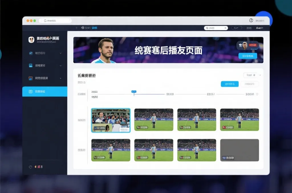 比赛结束后，电视屏幕展示集锦回放页面，旁边有时间轴和多角度切换提示